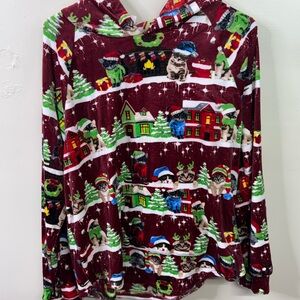 No Boundaries Burgundy Holiday Cat Print Hoodie Sweater